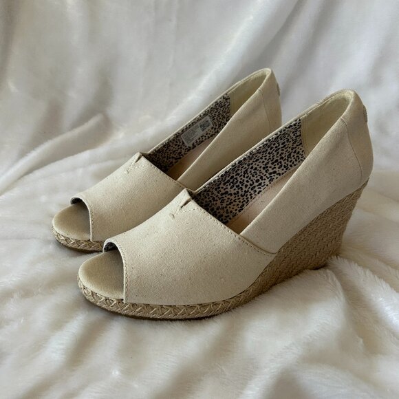 Toms Espadrille Wedges Womens 7.5 Cream Open Toe 3 Inch Wedge - Picture 1 of 6